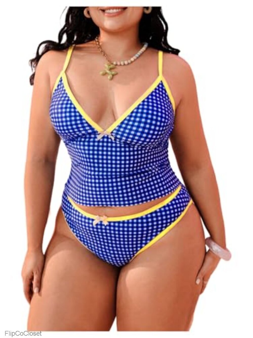 Plus Size Tankini Swimsuits Two Piece Gingham Bathing Suit Spaghetti Strap